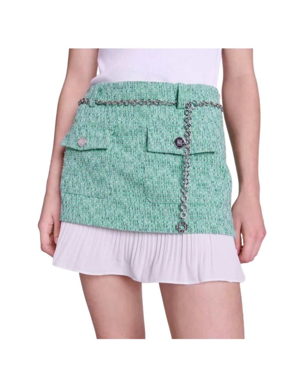 Maje Green Tweed Mini Skirt with Chain Detail